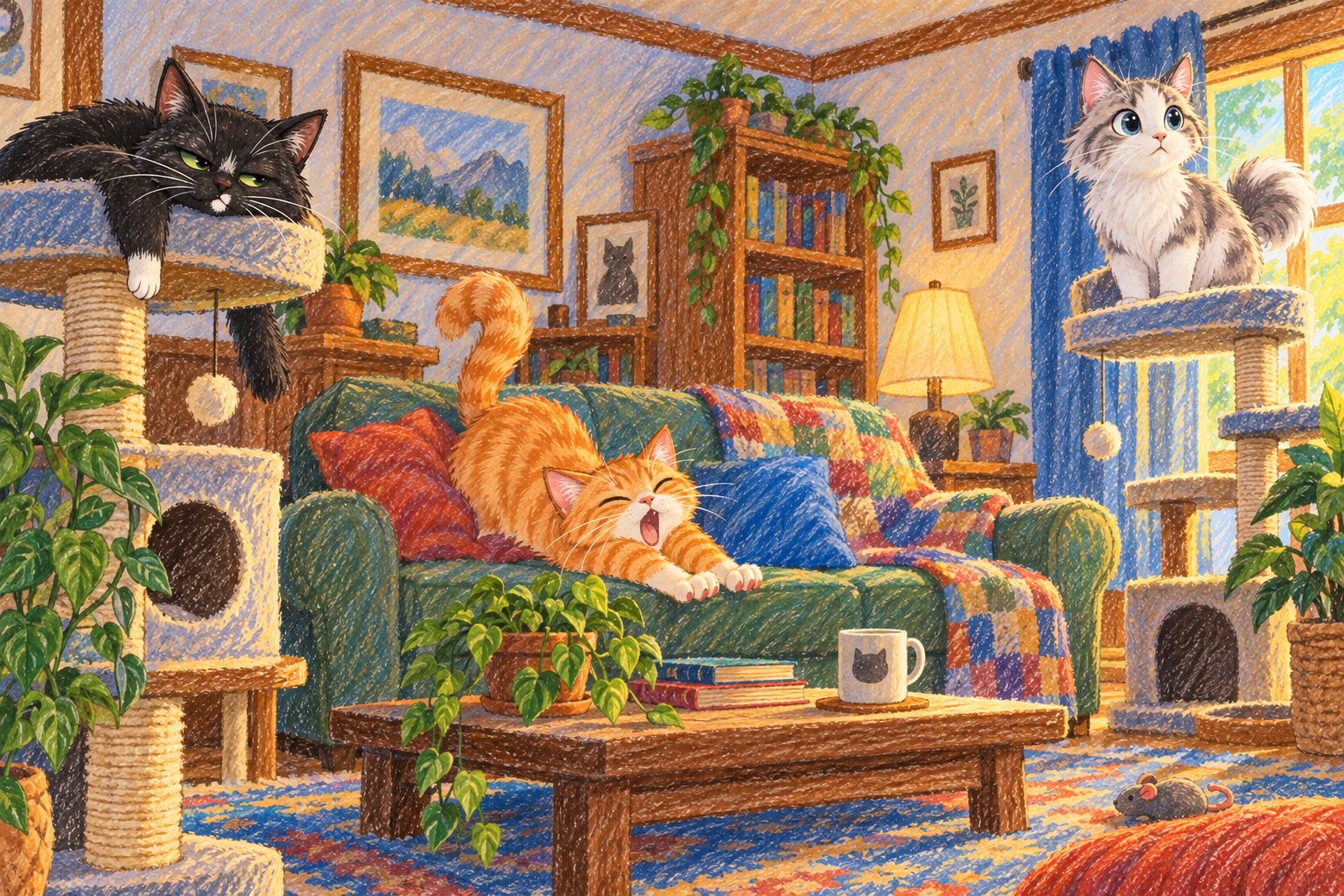 Living room with a black cat, an orange cat on the sofa, and a grey and white cat by the window