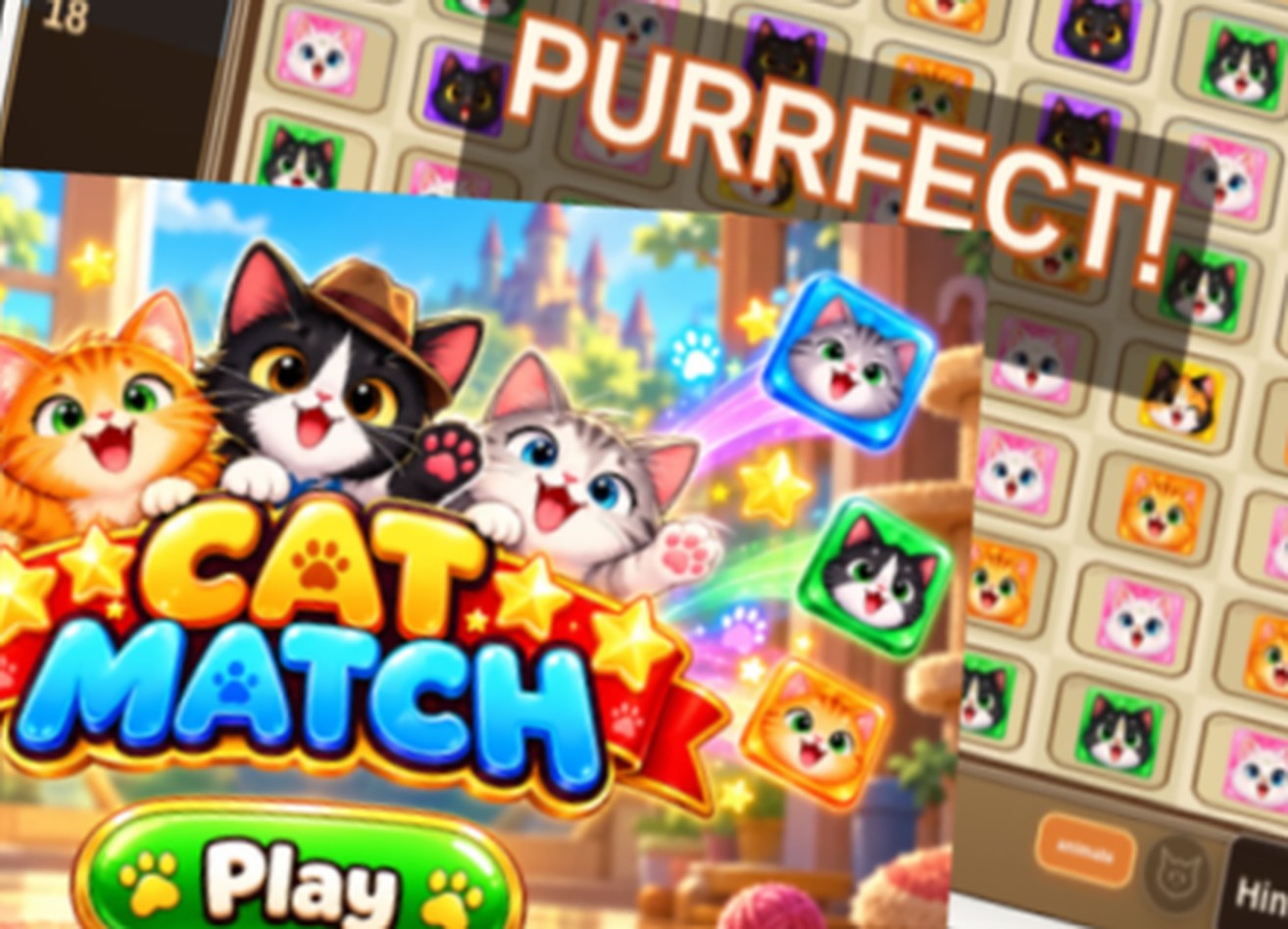 Cat Match: cartoon cats on the launch screen with a Play button and a PURRFECT! match-3 board