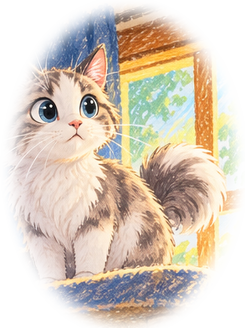 Grey and white cat with blue eyes sitting on a cat tree by a window