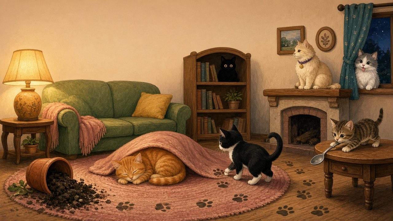 Six suspicious cats in a cozy living room at night next to a knocked-over flowerpot