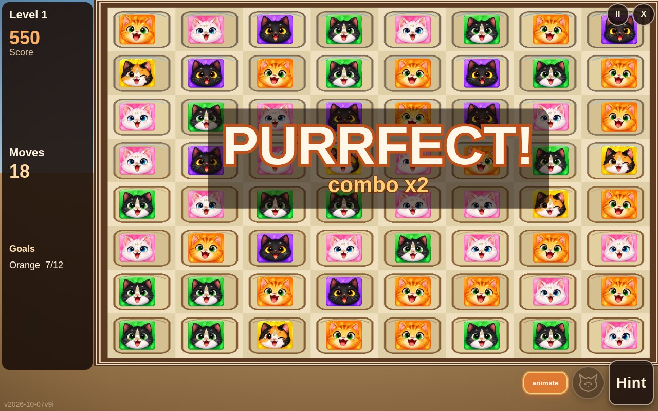 Cat Match mid-play: cartoon cat match-3 board with a combo flash