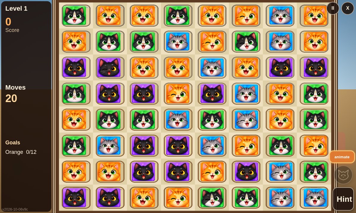 Cat Match gameplay screenshot: colorful match-3 board of cartoon cat faces