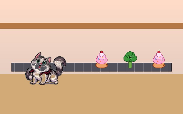Gizmo the fluffy white and grey cat at a bakery conveyor with cupcakes and broccoli