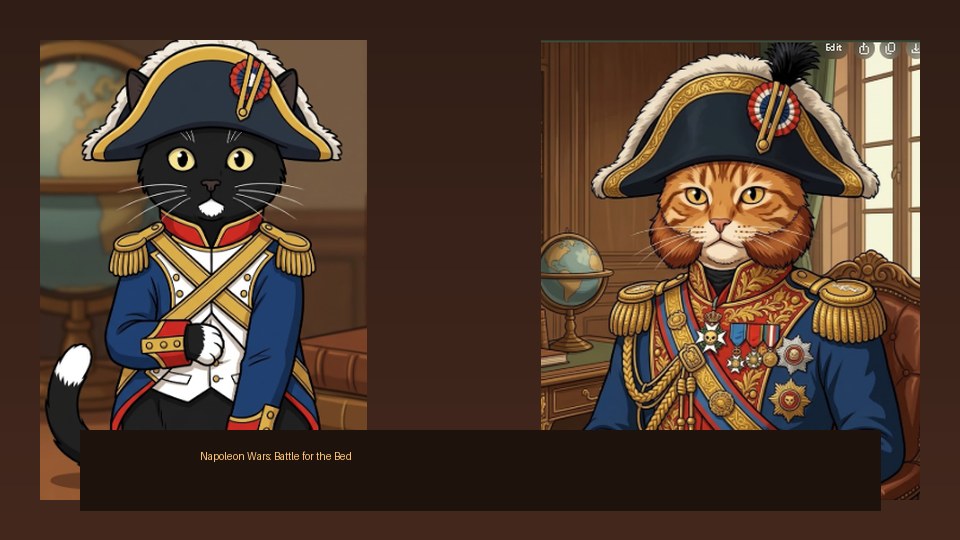 Napoleon Wars: two cat generals fighting over the bed