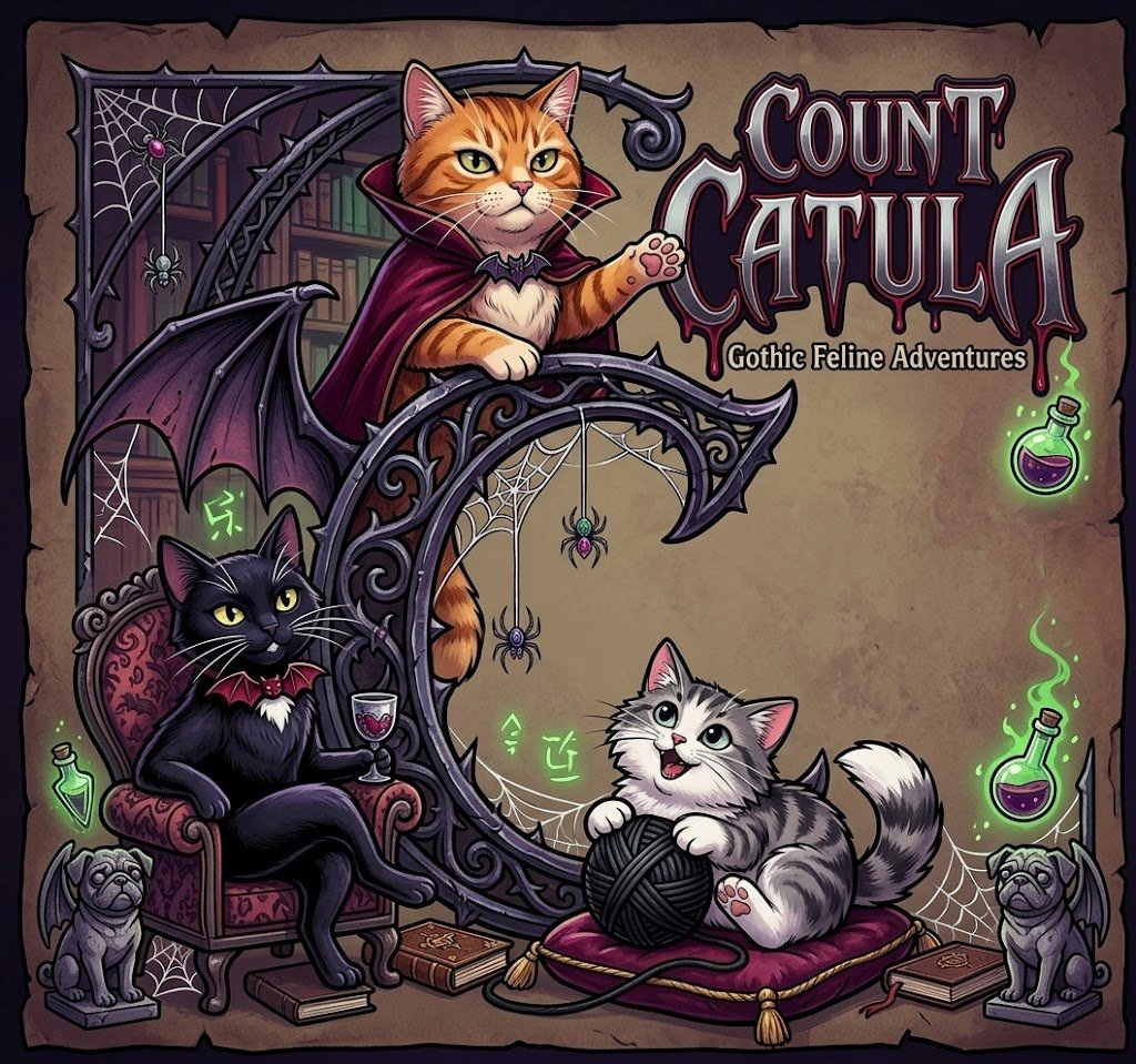 Count Catula, an orange tabby vampire cat in a purple cape, with a black cat and a grey and white cat in a gothic parlor