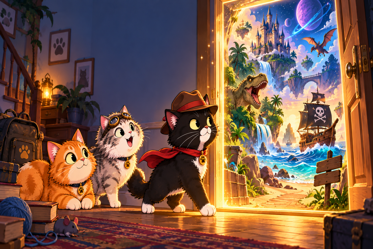 Three cats at an open front door after their humans go missing