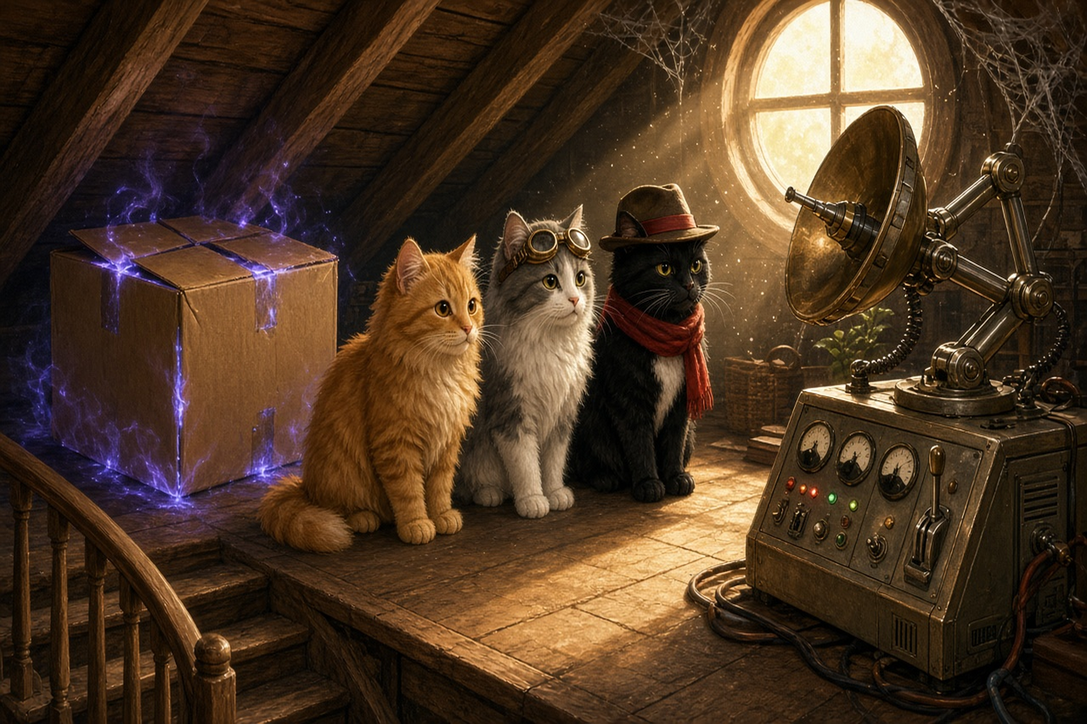 Warm storybook attic with slanted wooden beams and a round window glowing with morning light. On the left a cardboard box crackles with bright blue magical energy along its seams. In the center three cats sit side by side on the plank floor: a fluffy orange tabby, a grey-and-white longhair with brass aviator goggles on its forehead, and a black tuxedo cat in a brown fedora with a red band and a thick red knitted scarf. On the right stands an ornate brass shrink-ray machine with a dish emitter on an articulated arm, analog dials, colored lights, switches, and a metal lever. Spiderwebs cling to the rafters. The top of a wooden staircase with a rounded banister post appears in the bottom-left corner.