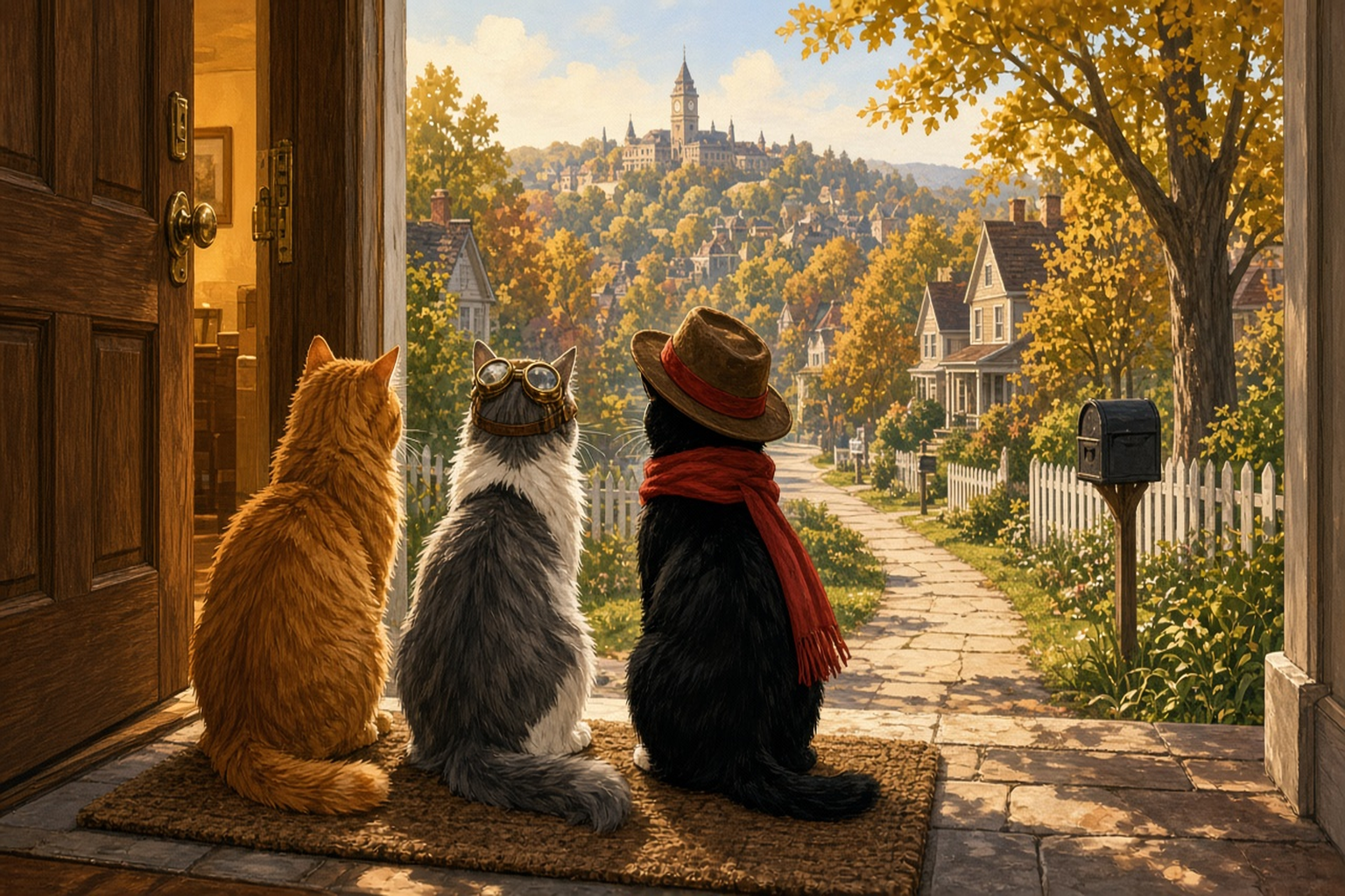 View from the front threshold looking out: three cats sit on a brown doormat with their backs to the viewer. Left to right: fluffy orange tabby, grey-and-white longhair with brass aviator goggles, and black cat in a brown fedora with red band and long red scarf. A dark wood front door stands wide open on the left, showing a warm interior. A stone path winds between white picket fences past a black mailbox on a post, through autumn trees with orange leaves and neighborhood houses. On a distant hilltop a town rises with a tall stone clock tower under a pale blue sky.