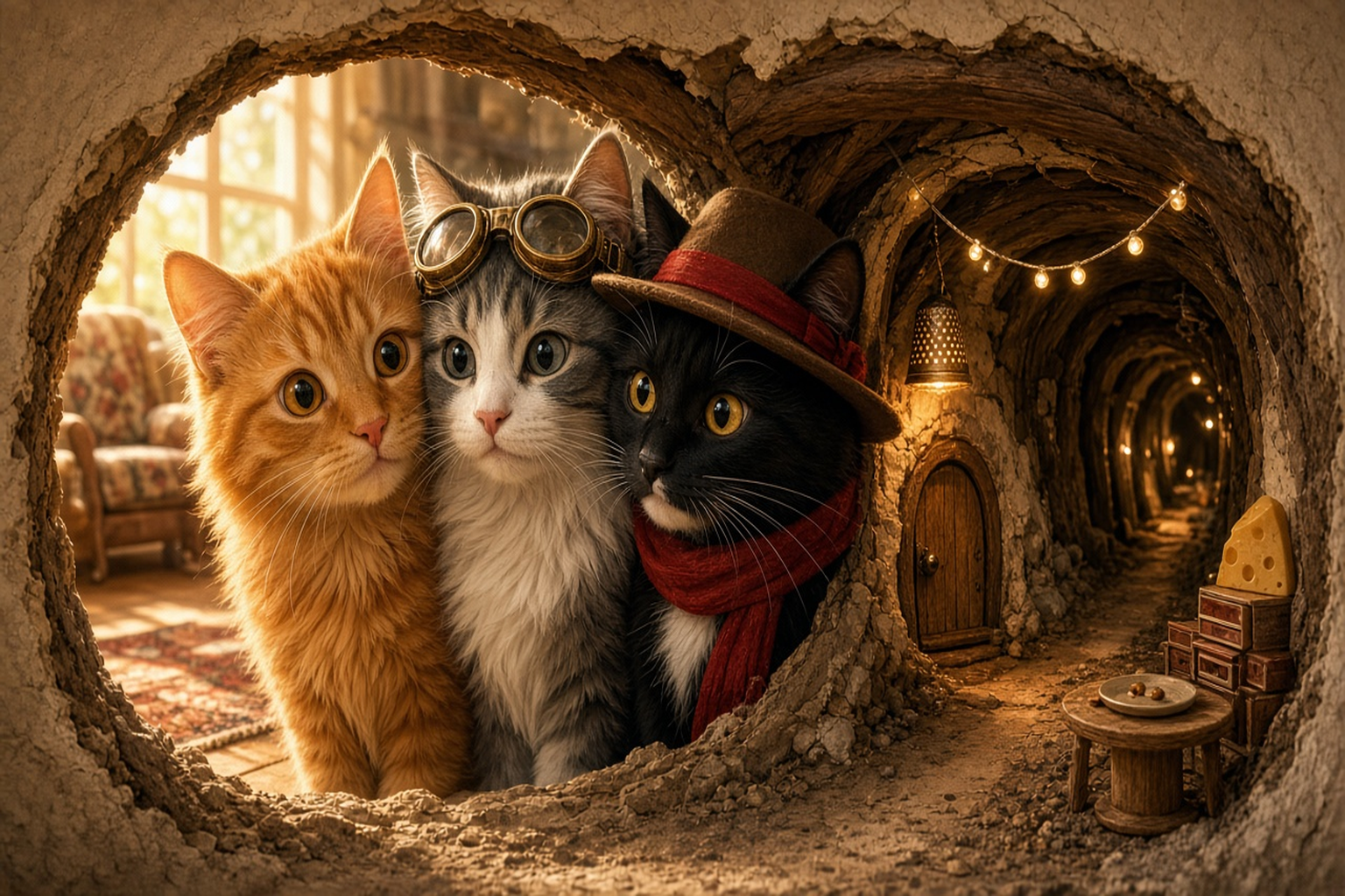 Inside a mouse-hole tunnel: three cats squeeze through a jagged circular opening from the living room on the left, where a floral armchair and red rug catch the daylight. Orange tabby, grey-and-white cat with brass goggles, and black cat with brown fedora and red scarf peer in. The earthen tunnel winds right under a string of warm fairy lights. On the right wall a tiny arched wooden mouse door sits beside a silver thimble lantern. In the bottom-right foreground a wooden spool table holds crumbs beside matchbox drawers topped with Swiss cheese.