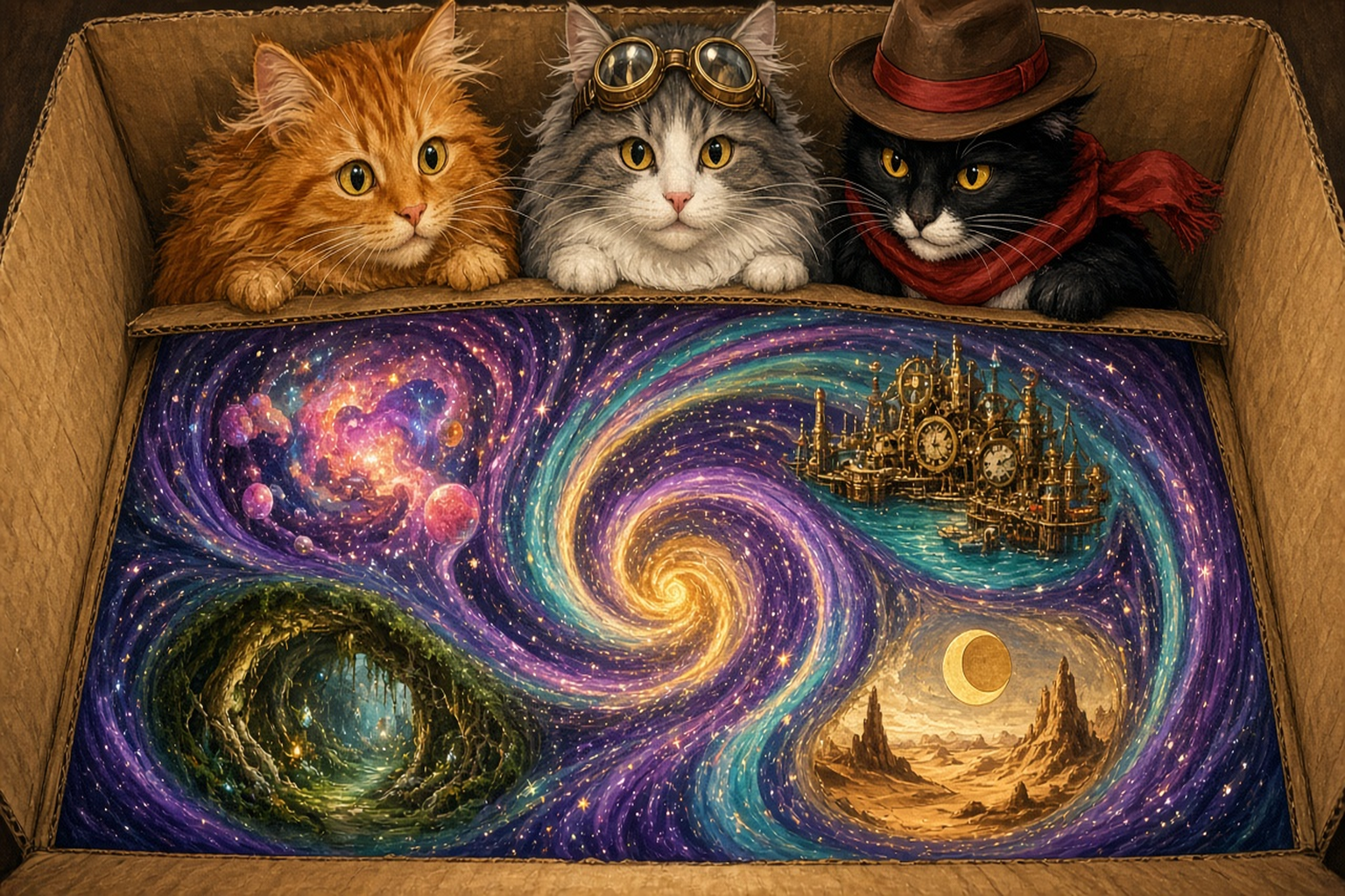 Looking down into a cardboard box whose floor is a swirling purple-blue cosmic portal. Along the top rim three cats peer over the edge: fluffy orange tabby, grey-and-white longhair with brass goggles, and black cat with brown fedora and red scarf. Four miniature worlds float in the swirl: a candy nebula of pink-purple spheres at top-left, a brass clockwork harbor with gears and ships at top-right, a mossy underground tunnel with glowing green vines at bottom-left, and a paper-moon desert with dunes and a yellow crescent at bottom-right. A bright golden spiral marks the center of the vortex.