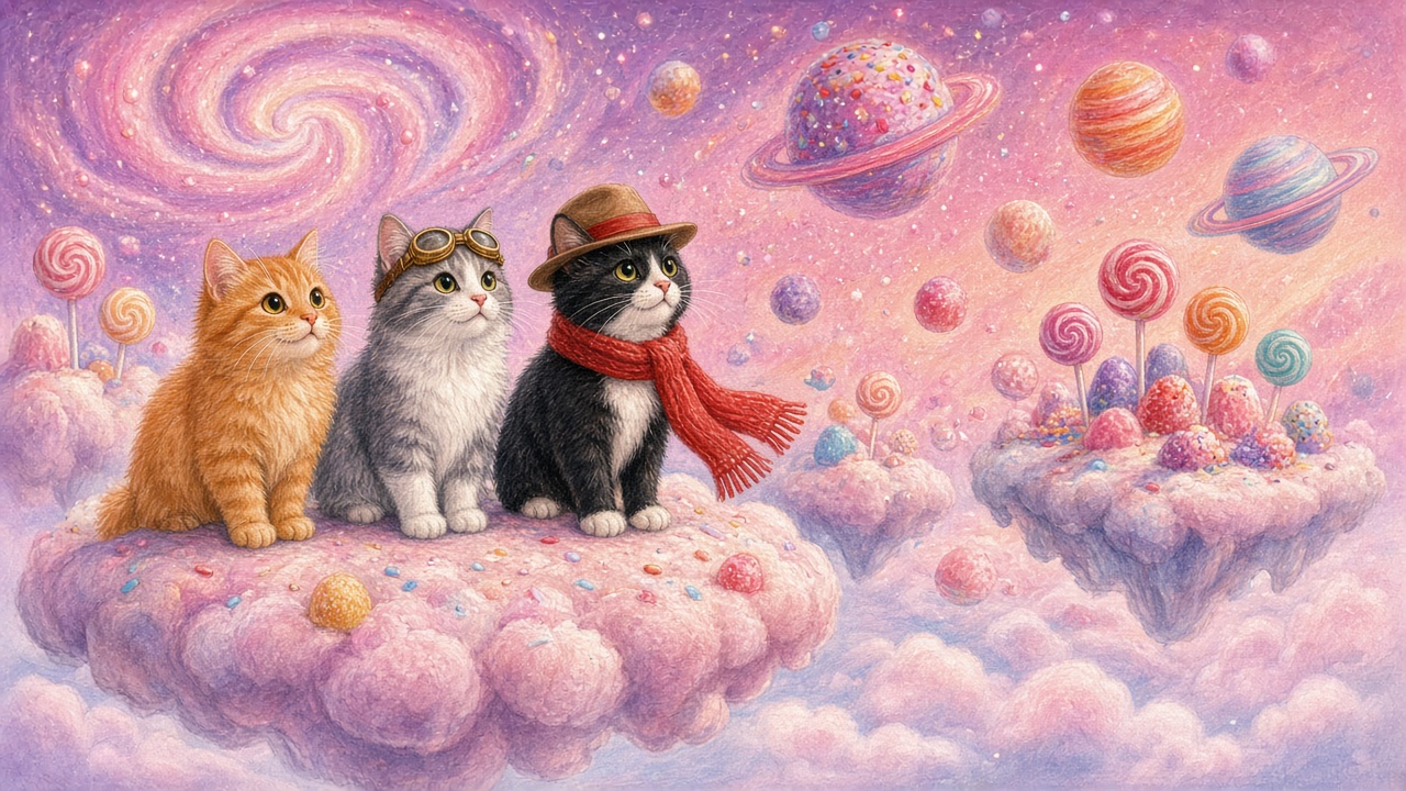 Storybook pastel space scene in pinks and lavenders. Three cats sit side by side on a fluffy pink cotton-candy cloud sprinkled with candy dots: a fluffy orange tabby, a grey-and-white longhair with brass aviator goggles, and a black tuxedo cat in a brown hat with a red band and a long red knitted scarf. A swirling pink galaxy glows at top left, candy-striped planets with rings float at top right, and floating cotton-candy islands topped with giant swirl lollipops and gumdrops drift to the right. Soft colored-pencil texture.