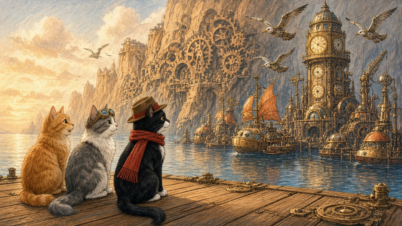 Storybook harbor at golden sunset. Three cats sit on a wooden dock with their backs half-turned, gazing across calm blue water: a fluffy orange tabby, a grey-and-white longhair with brass aviator goggles, and a black tuxedo cat in a brown hat with a red band and a red knitted scarf. Across the bay a cliff is carved with giant brass gears, a tall clockwork tower with round clock faces rises over domed brass buildings, ships with orange sails float in the harbor, and mechanical birds glide overhead. Brass fittings are set into the dock. Painterly colored-pencil texture.