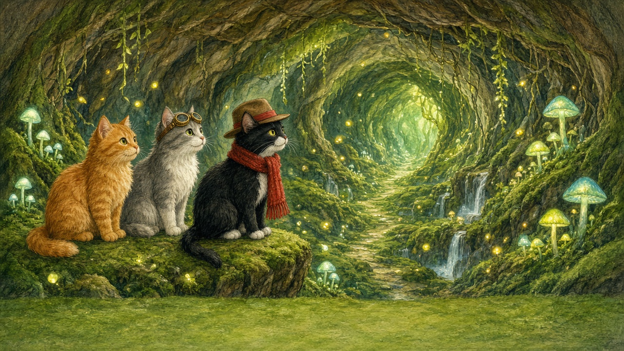 Storybook mossy underground tunnel glowing green. Three cats sit on a moss-covered rock on the left: a fluffy orange tabby, a grey-and-white longhair with brass aviator goggles, and a black tuxedo cat in a brown hat with a red band and a red knitted scarf. A winding dirt path leads deep into a round green tunnel lined with hanging vines and floating fireflies. Small waterfalls trickle down mossy ledges on the right, where tall glowing turquoise and lime mushrooms grow. Soft green moss covers the floor. Painterly colored-pencil texture.