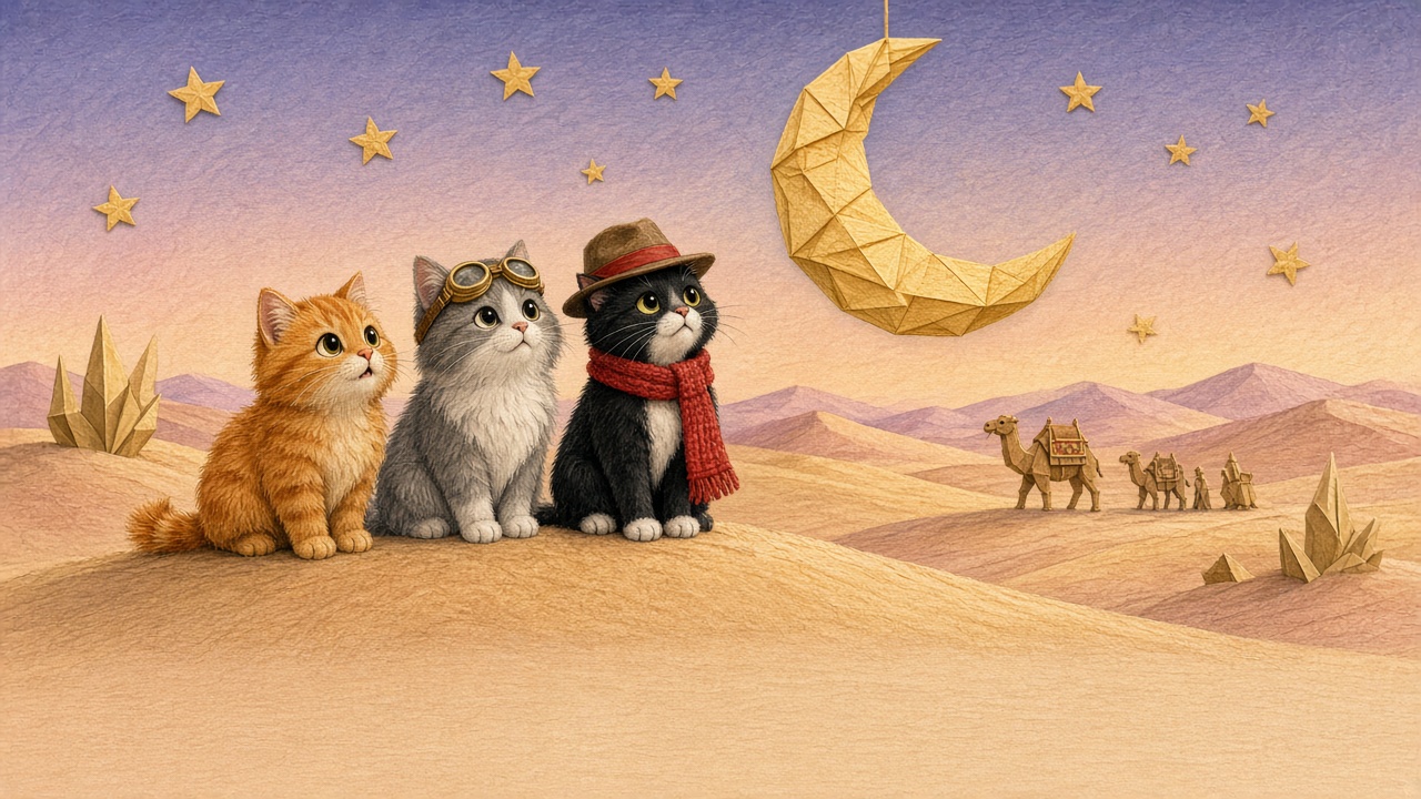 Storybook desert made of paper under a lavender-to-peach evening sky. Three cats sit on a sandy dune on the left: a fluffy orange tabby, a grey-and-white longhair with brass aviator goggles, and a black tuxedo cat in a brown hat with a red band and a red knitted scarf, all looking up. A big folded-paper golden crescent moon hangs from a string at top right among folded paper stars. Paper crystal shapes stand on the dunes, and a caravan of folded-paper camels walks across the sand in the distance. Soft colored-pencil paper texture.