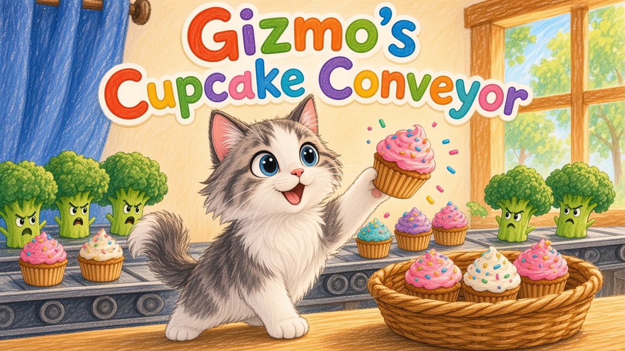 Gizmo the fluffy grey and white cat at a bakery conveyor with cupcakes and broccoli