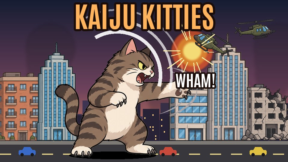 Kaiju Kitties: a giant tabby cat swatting a military helicopter over the city
