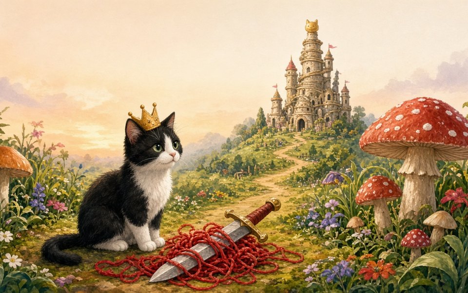 A tuxedo cat in a crooked crown beside a yarn-tangled sword, with a scratching-tower castle beyond