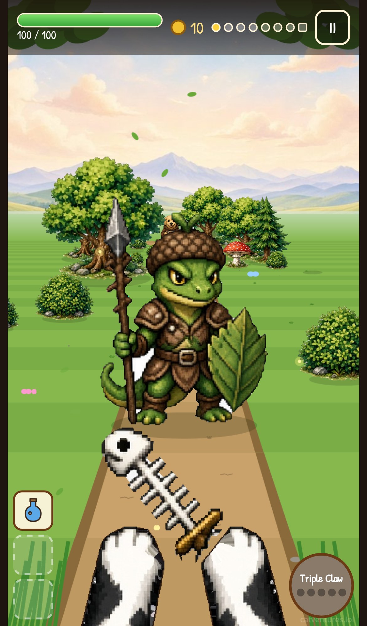 Path of Claws gameplay: a tuxedo cat's paws and fishbone sword facing an acorn-helmet lizard knight on a garden path