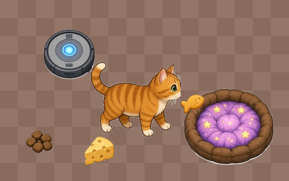 An orange cat carrying a fish cracker past a robot vacuum toward a starry cat bed