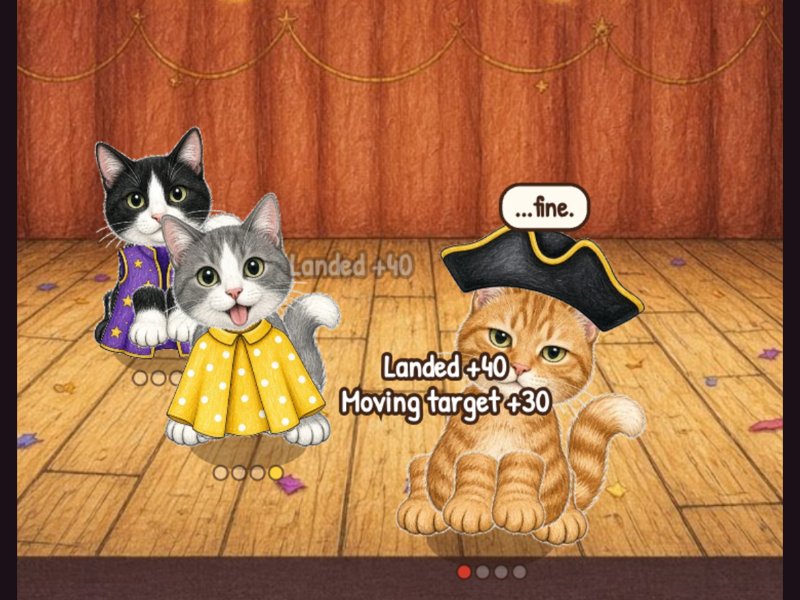 Three cats on a carnival stage wearing a wizard robe, a polka-dot poncho and a pirate hat