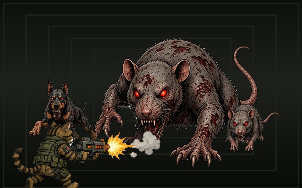 A tabby cat in a tactical vest firing at a giant zombie rat, a zombie Doberman and a rat in a dark sewer