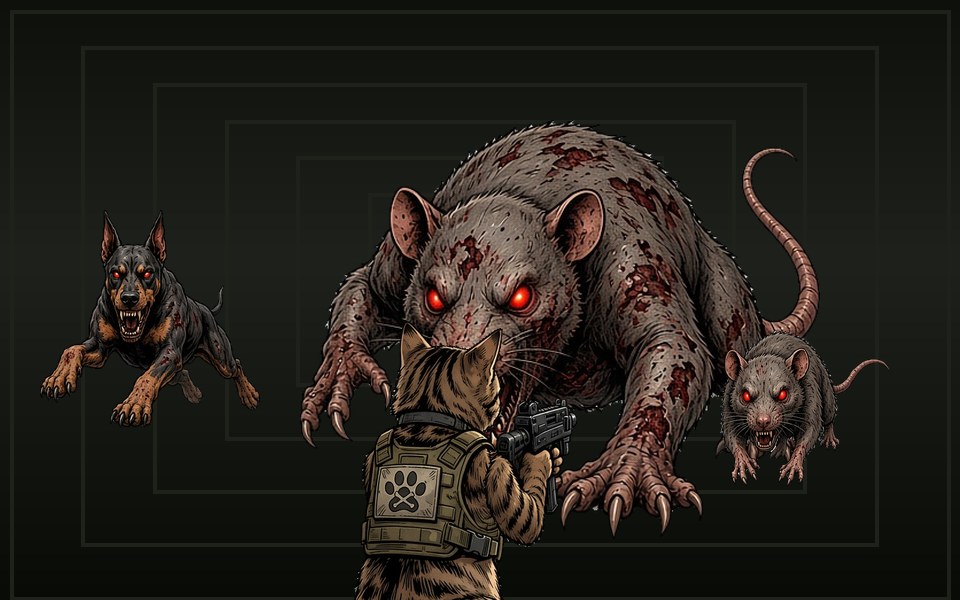A tabby cat in a tactical vest firing at a giant zombie rat, a zombie Doberman and a rat in a dark sewer